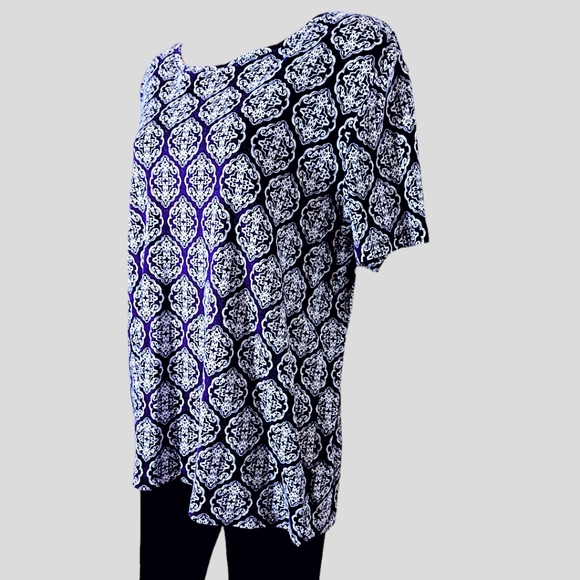 100% Cotton Navy Blue & Ivory Geo Pattern Short Sleeve Top - Picture 4 of 8